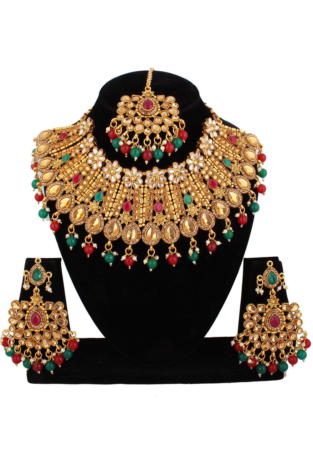Green Alloy Austrian Diamond Necklace Set With Earrings and Maang Tikka 220283