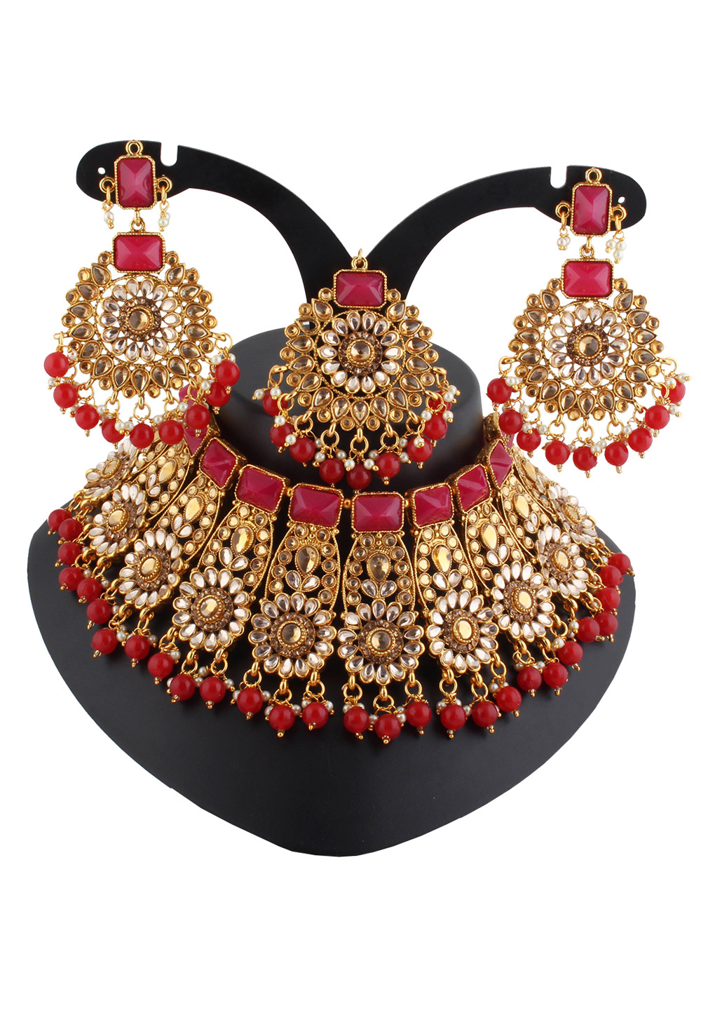 Red Alloy Austrian Diamond Necklace Set With Earrings and Maang Tikka 220284
