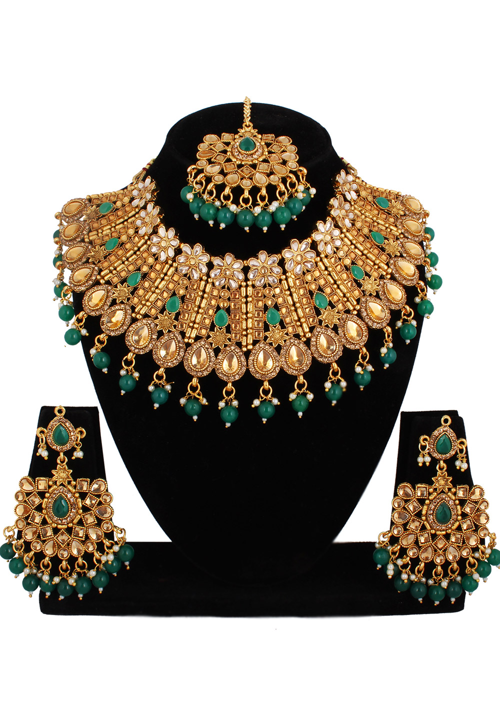 Green Alloy Austrian Diamond Necklace Set With Earrings and Maang Tikka 220285