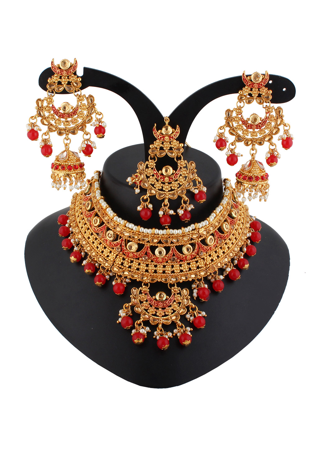 Red Alloy Austrian Diamond Necklace Set With Earrings and Maang Tikka 220288