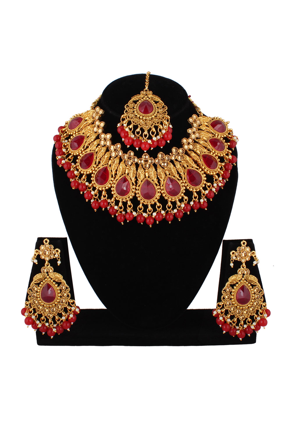 Maroon Alloy Austrian Diamond Necklace Set With Earrings and Maang Tikka 223749