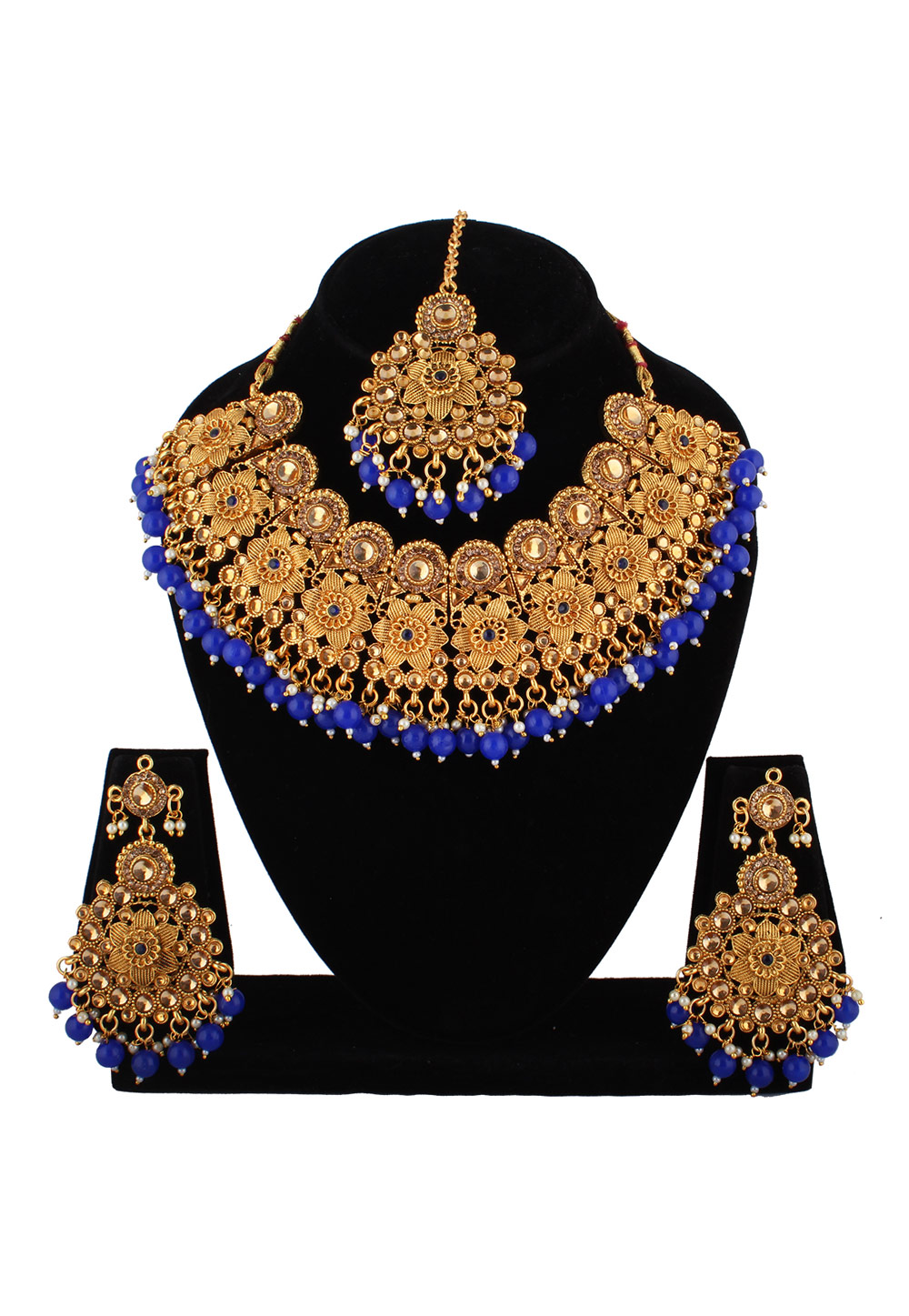 Blue Alloy Austrian Diamond Necklace Set With Earrings and Maang Tikka 223750