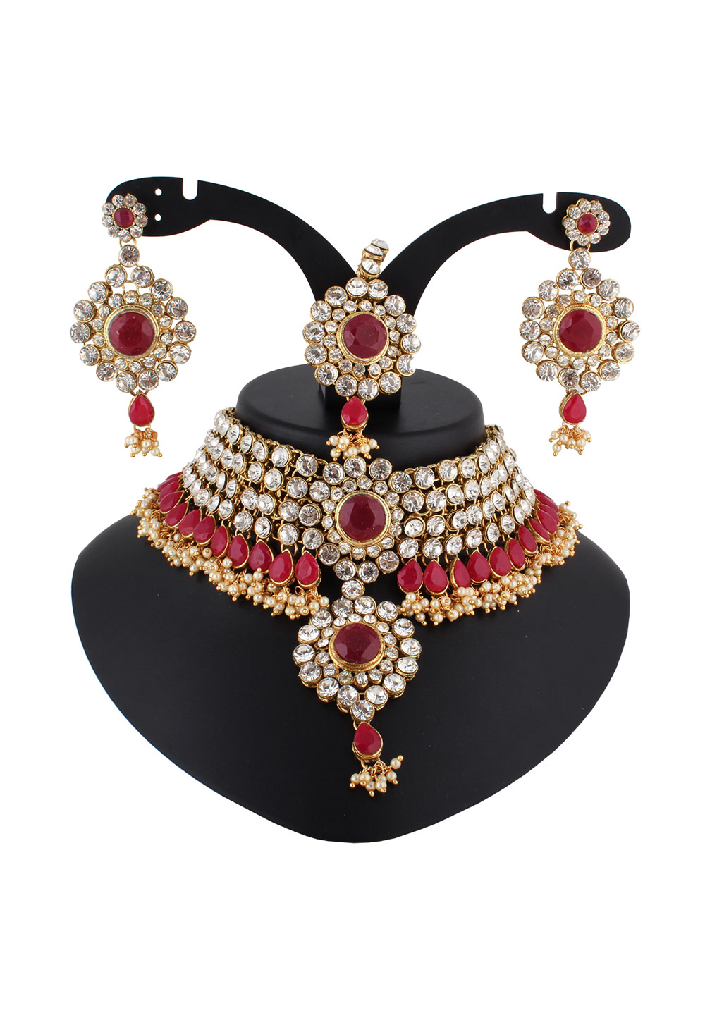 Maroon Alloy Austrian Diamond Necklace Set With Earrings and Maang Tikka 223752