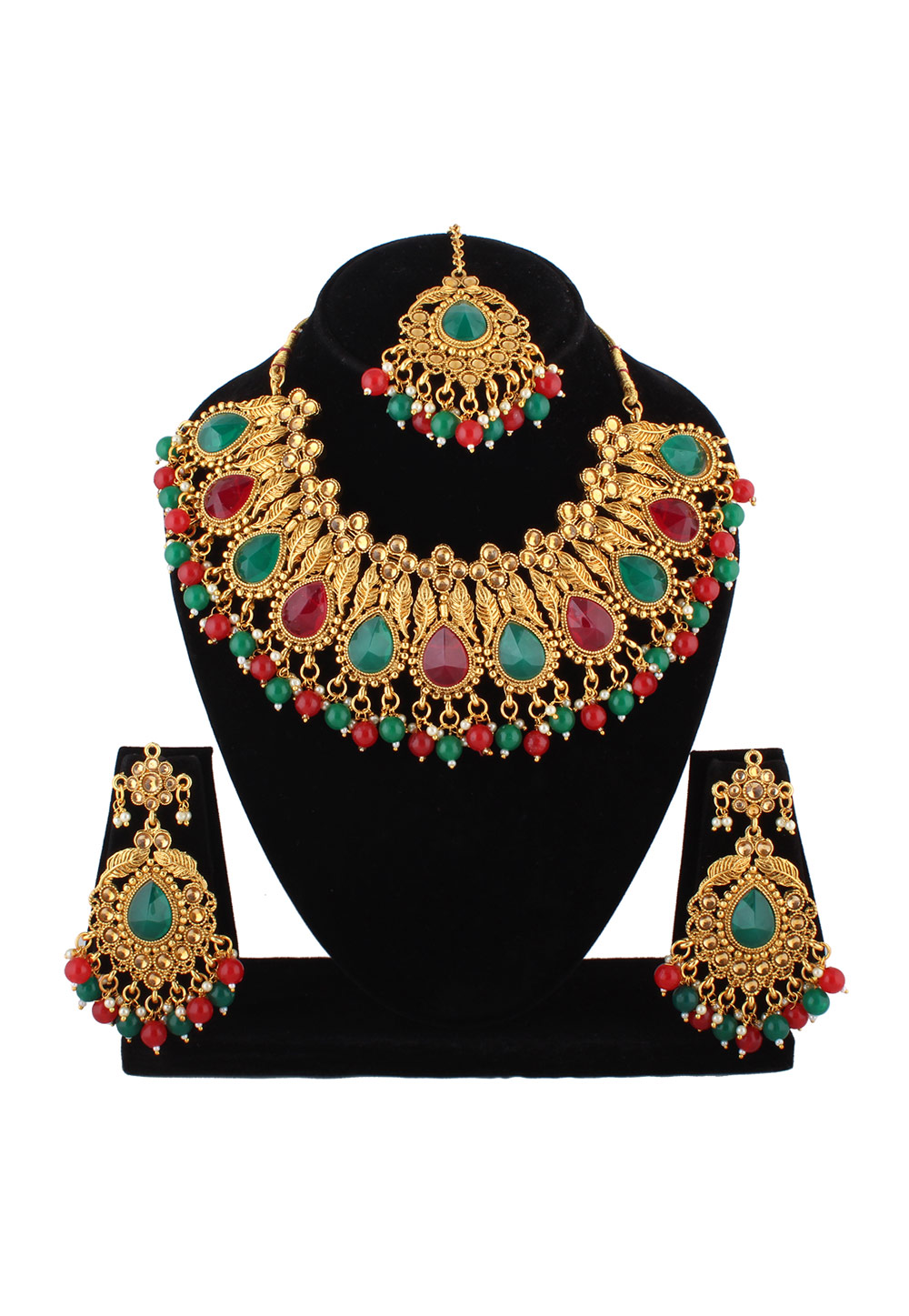 Maroon Alloy Austrian Diamond Necklace Set With Earrings and Maang Tikka 223753