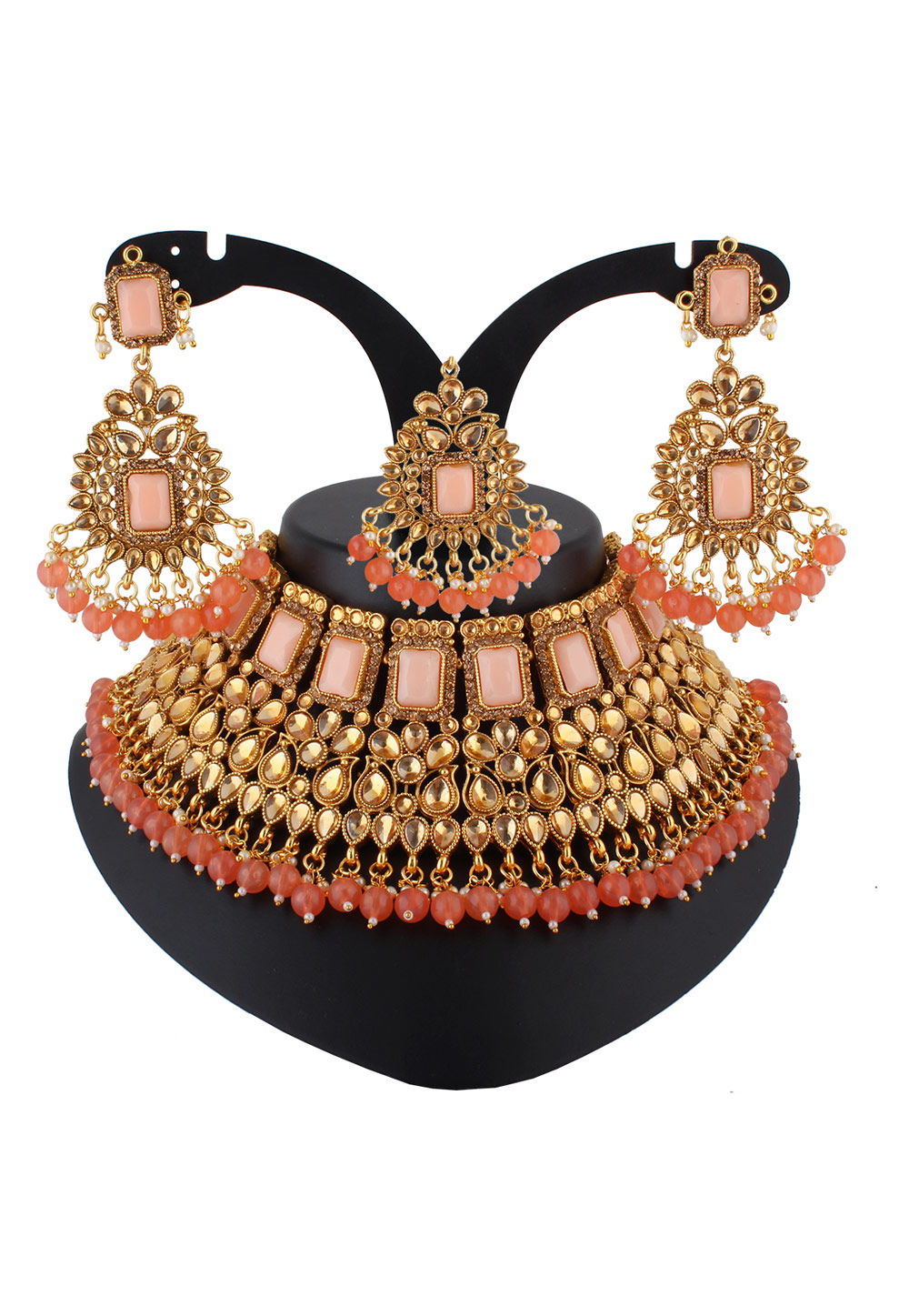 Peach Alloy Austrian Diamond Necklace Set With Earrings and Maang Tikka 223754
