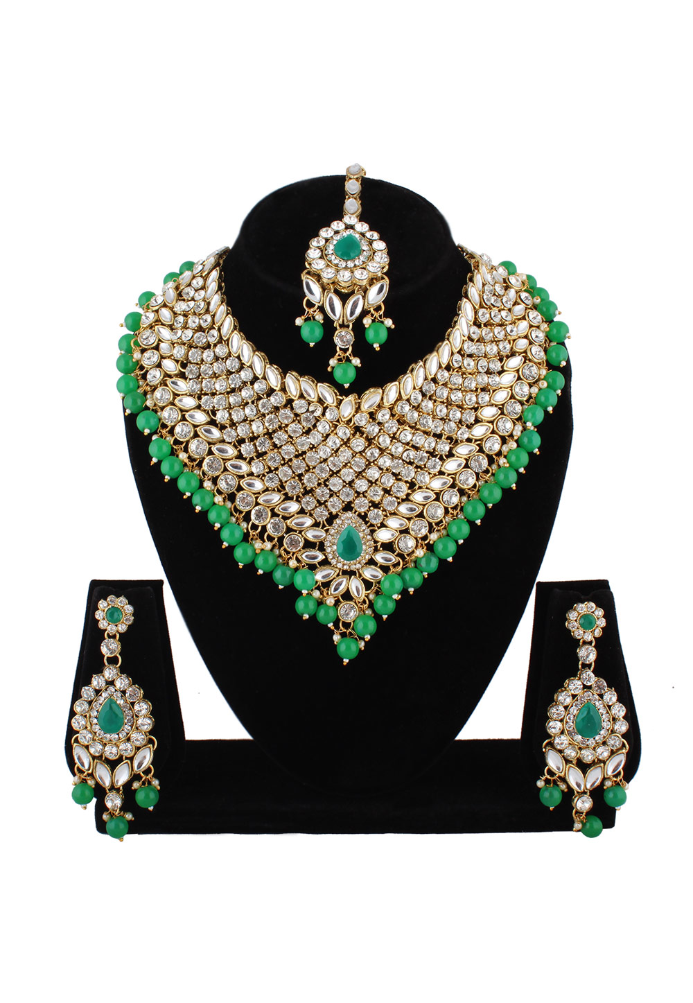 Green Alloy Austrian Diamond Necklace Set With Earrings and Maang Tikka 223755