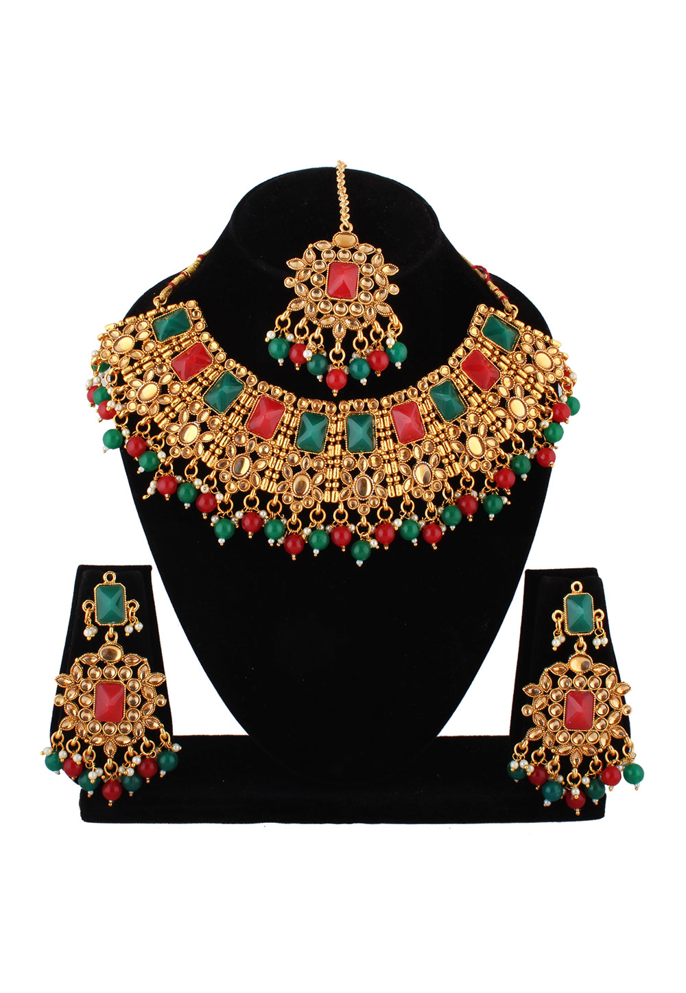 Green Alloy Austrian Diamond Necklace Set With Earrings and Maang Tikka 223756