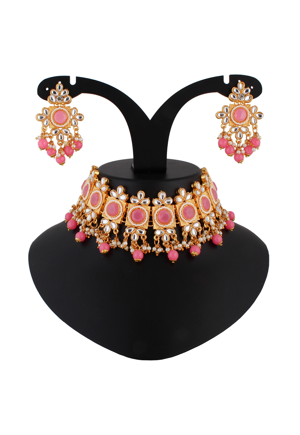 Pink Alloy Austrian Diamond Necklace Set With Earrings 223757