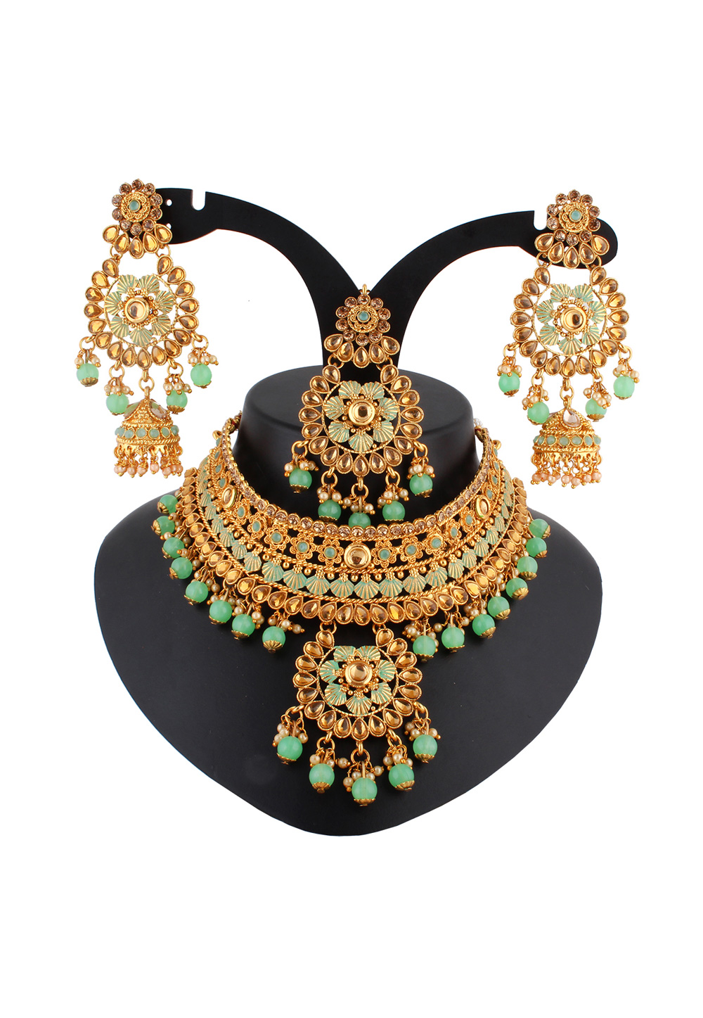Green Alloy Austrian Diamond Necklace Set With Earrings and Maang Tikka 223758