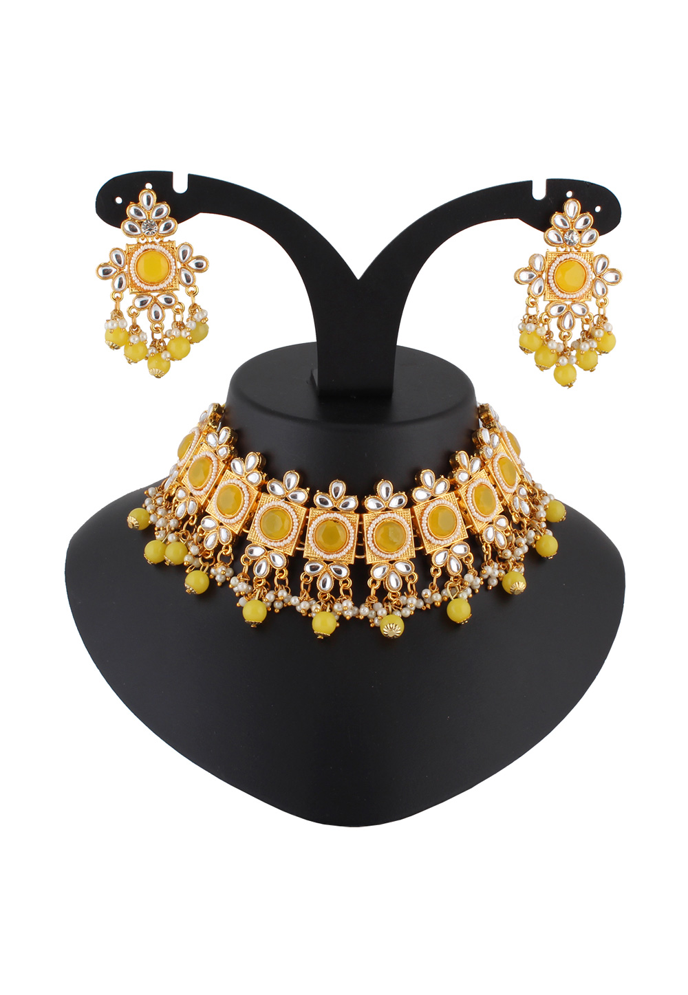 Yellow Alloy Austrian Diamond Necklace Set With Earrings 223759