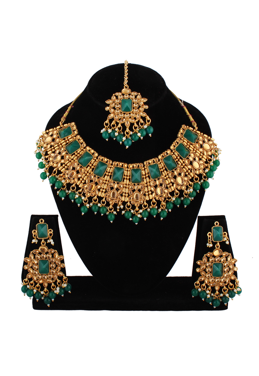Green Alloy Austrian Diamond Necklace Set With Earrings and Maang Tikka 223760