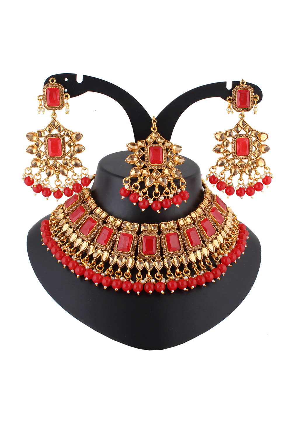 Red Alloy Austrian Diamond Necklace Set With Earrings and Maang Tikka 223762