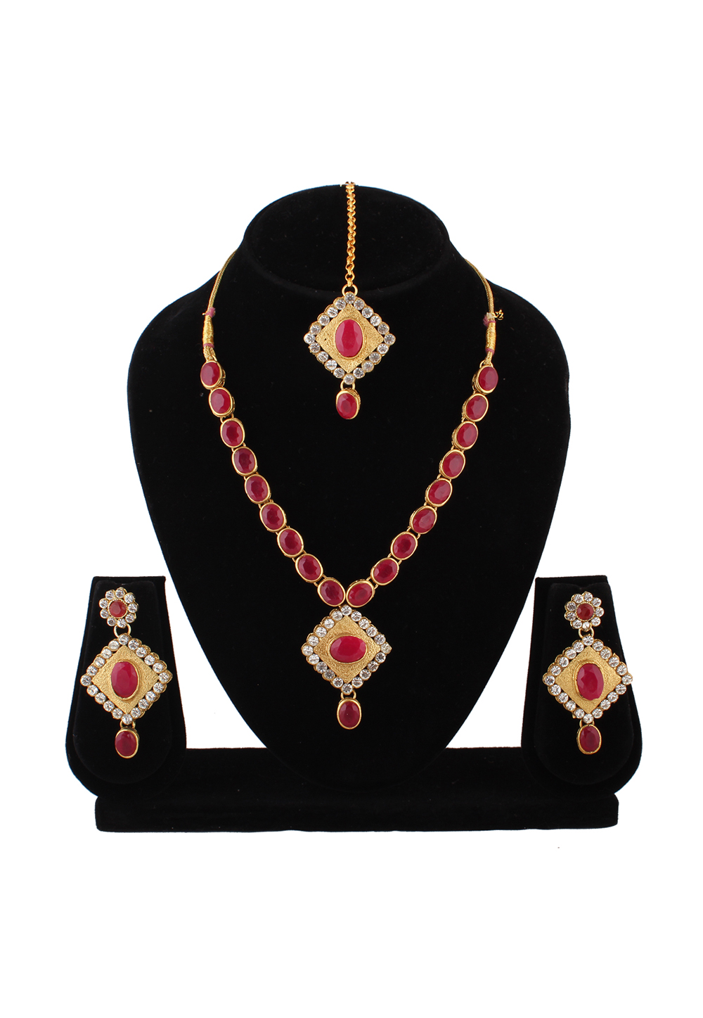 Pink Alloy Austrian Diamond Necklace Set With Earrings and Maang Tikka 223767