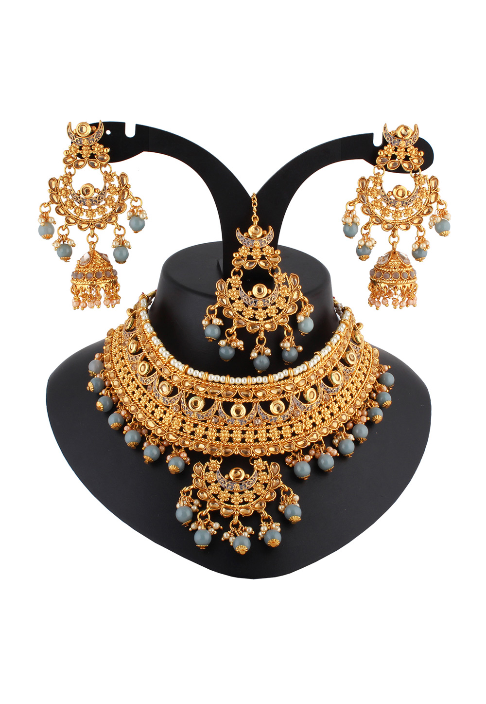 Grey Alloy Austrian Diamond Necklace Set With Earrings and Maang Tikka 223768