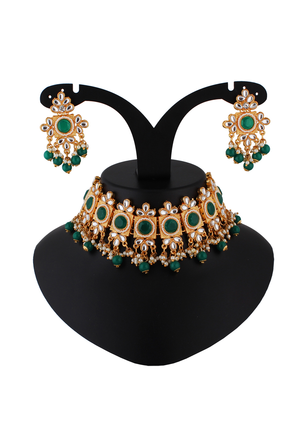 Green Alloy Austrian Diamond Necklace Set With Earrings 223770
