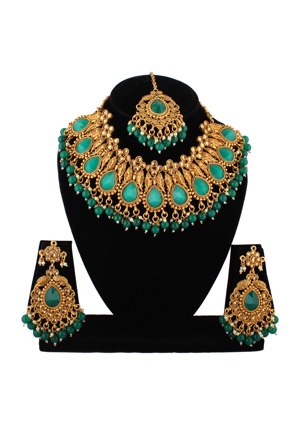 Green Alloy Austrian Diamond Necklace Set With Earrings and Maang Tikka 223773