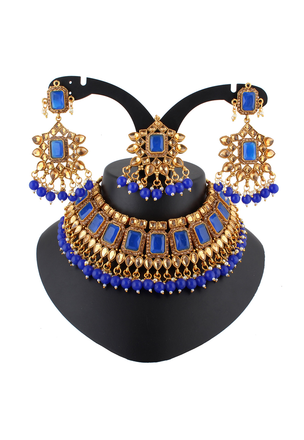 Blue Alloy Austrian Diamond Necklace Set With Earrings and Maang Tikka 223774