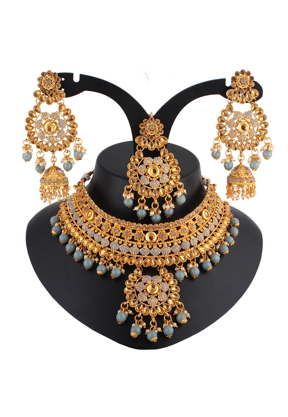 Grey Alloy Austrian Diamond Necklace Set With Earrings and Maang Tikka 223776