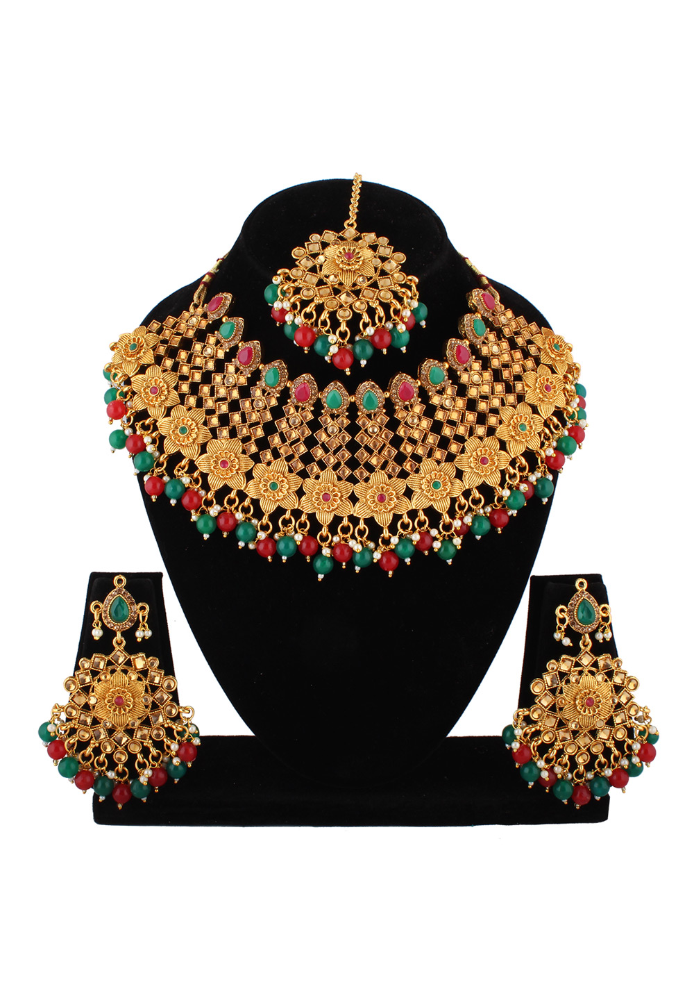 Green Alloy Austrian Diamond Necklace Set With Earrings and Maang Tikka 223777