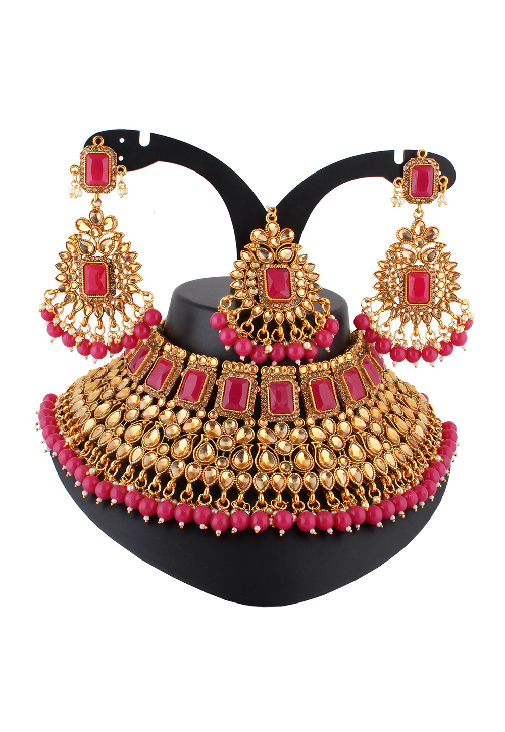 Pink Alloy Austrian Diamond Necklace Set With Earrings and Maang Tikka 223778