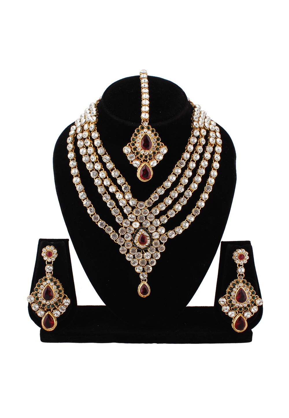 Maroon Alloy Austrian Diamond Necklace Set With Earrings and Maang Tikka 223779