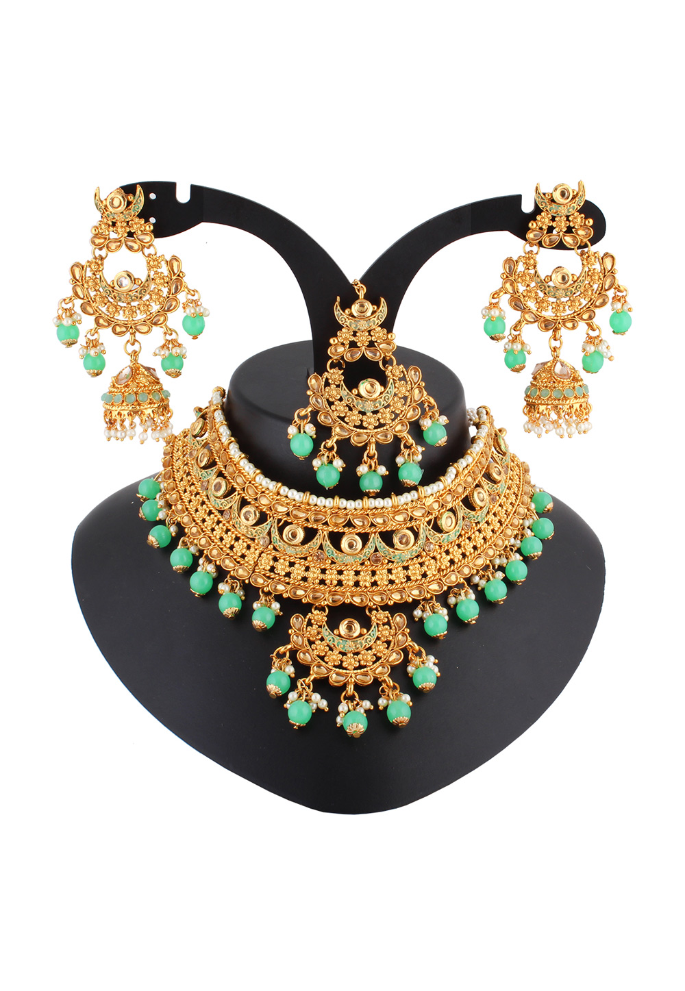 Green Alloy Austrian Diamond Necklace Set With Earrings and Maang Tikka 223780