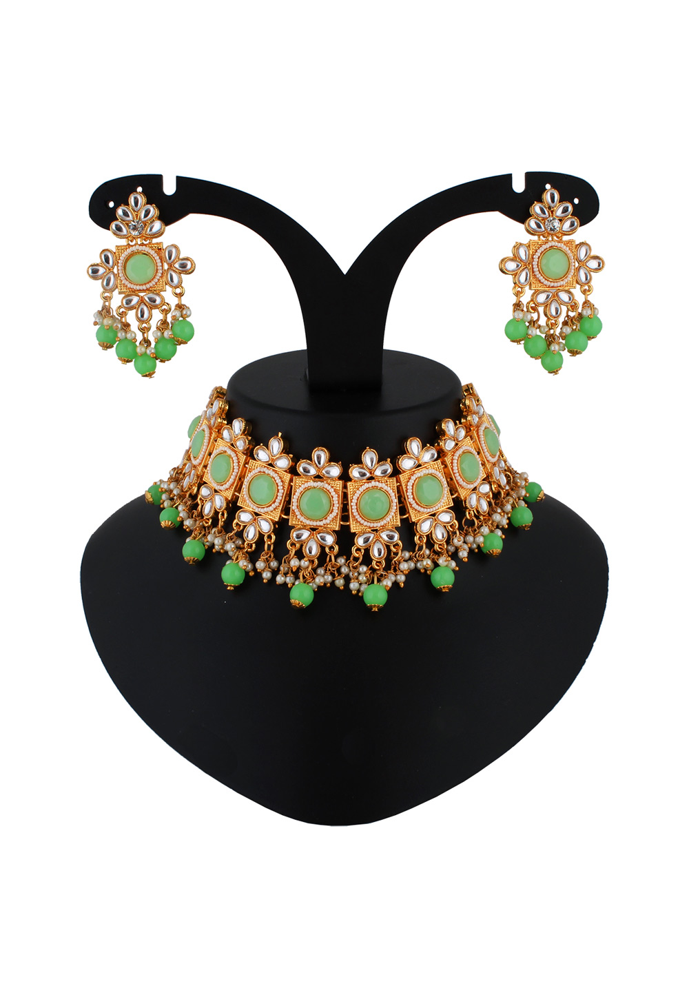 Green Alloy Austrian Diamond Necklace Set With Earrings 223782