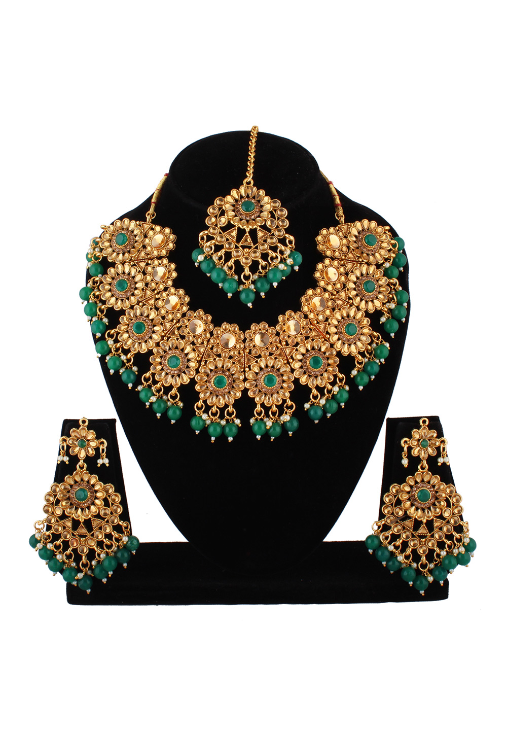 Green Alloy Austrian Diamond Necklace Set With Earrings and Maang Tikka 223783