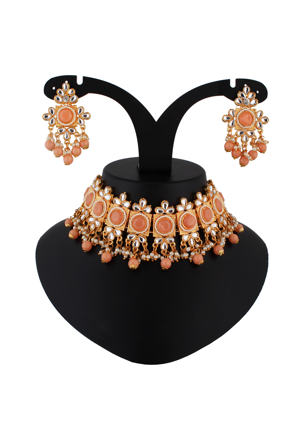 Peach Alloy Austrian Diamond Necklace Set With Earrings 223784