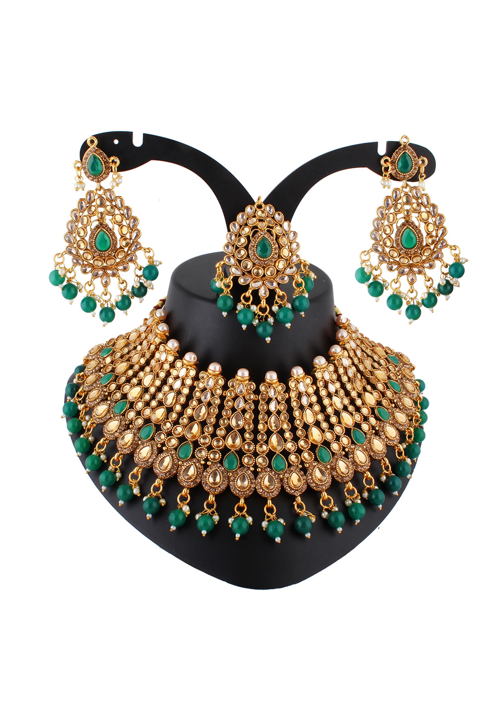 Green Alloy Austrian Diamond Necklace Set With Earrings and Maang Tikka 223785