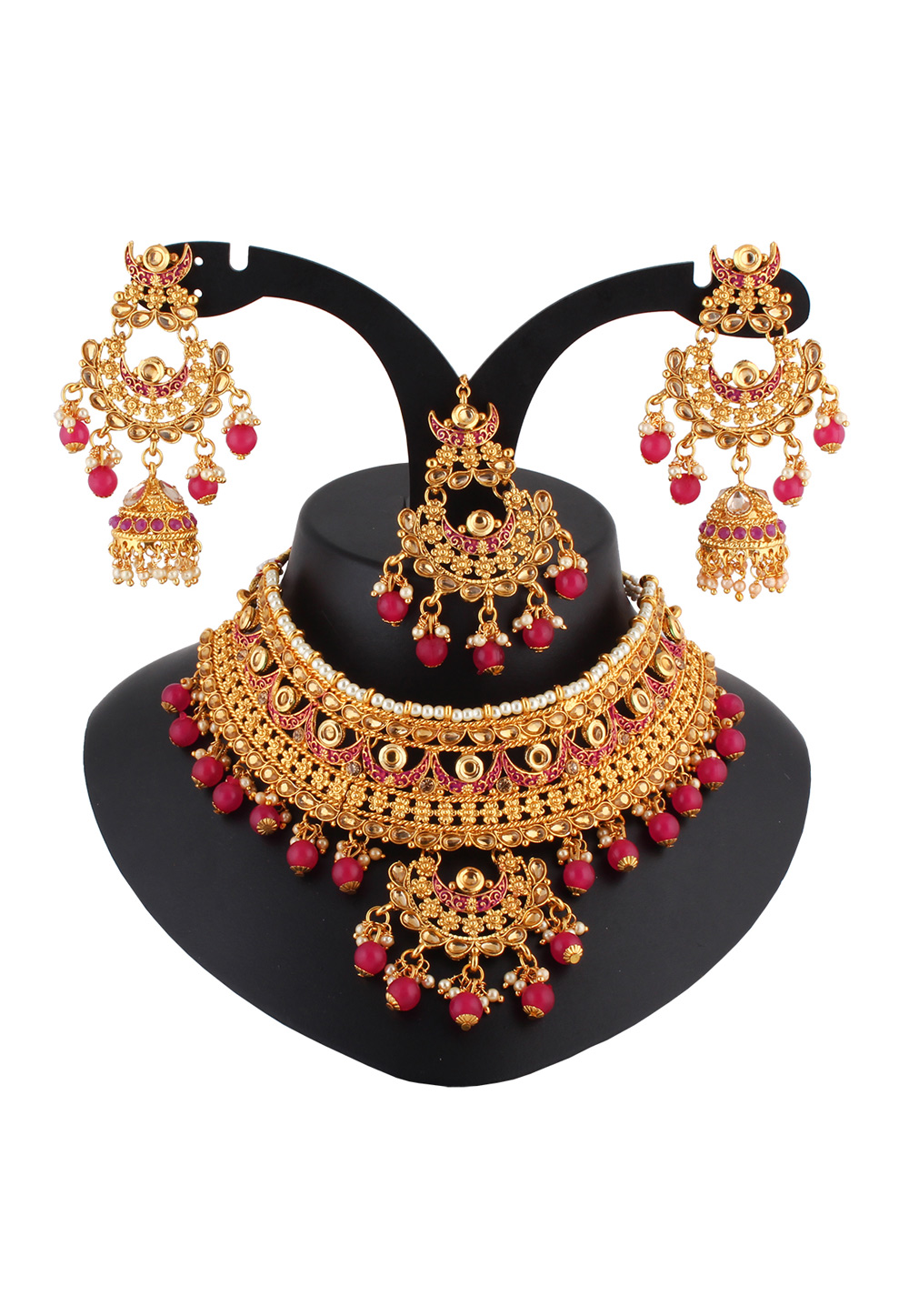 Pink Alloy Austrian Diamond Necklace Set With Earrings and Maang Tikka 223788