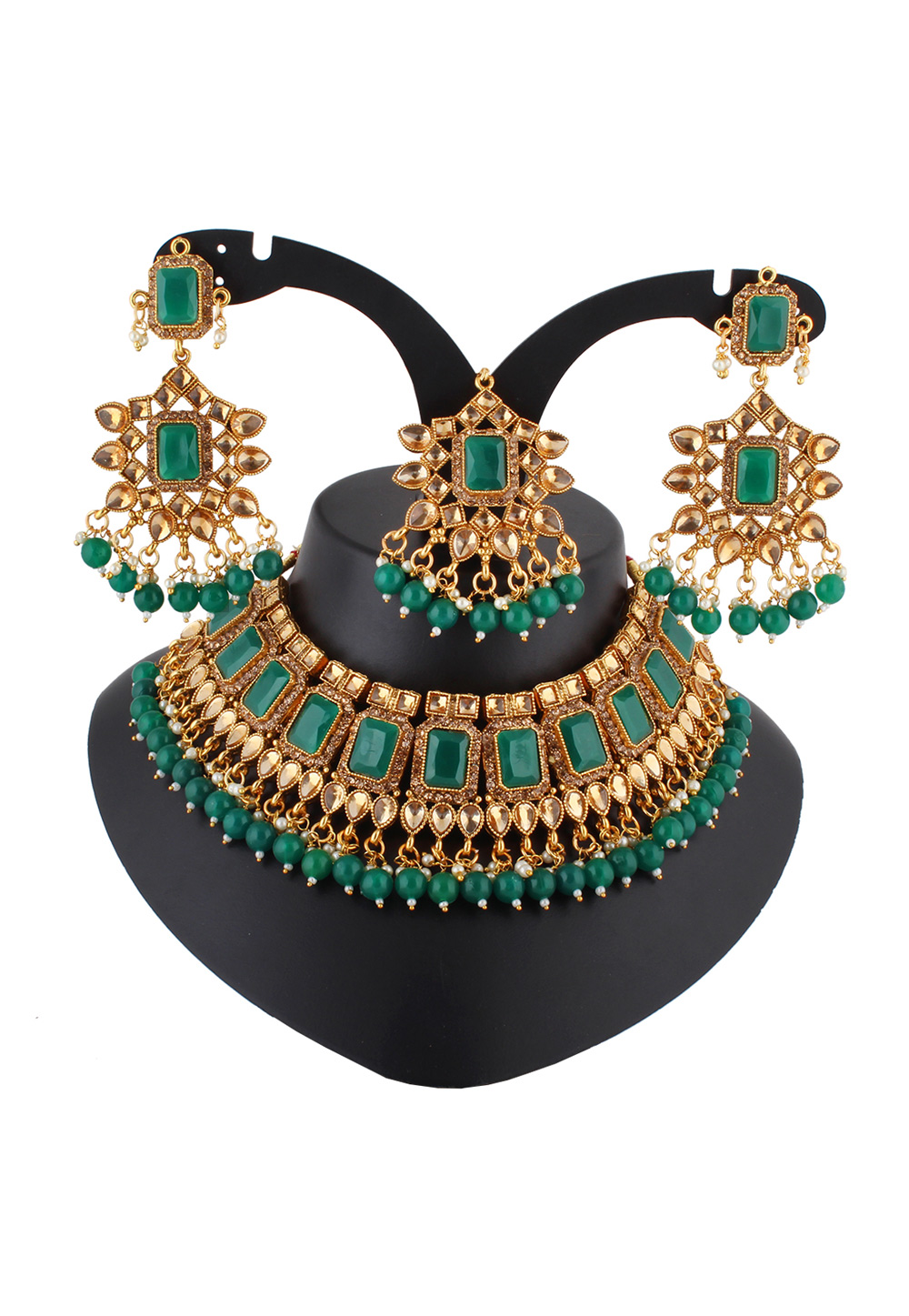 Green Alloy Austrian Diamond Necklace Set With Earrings and Maang Tikka 223789