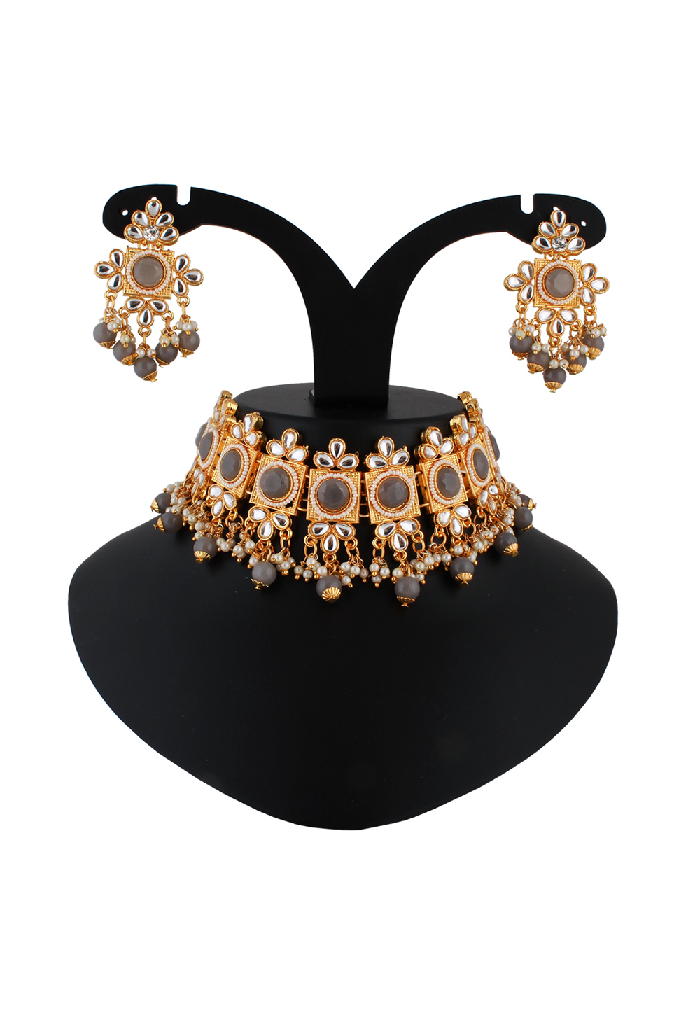 Grey Alloy Austrian Diamond Necklace Set With Earrings 223790