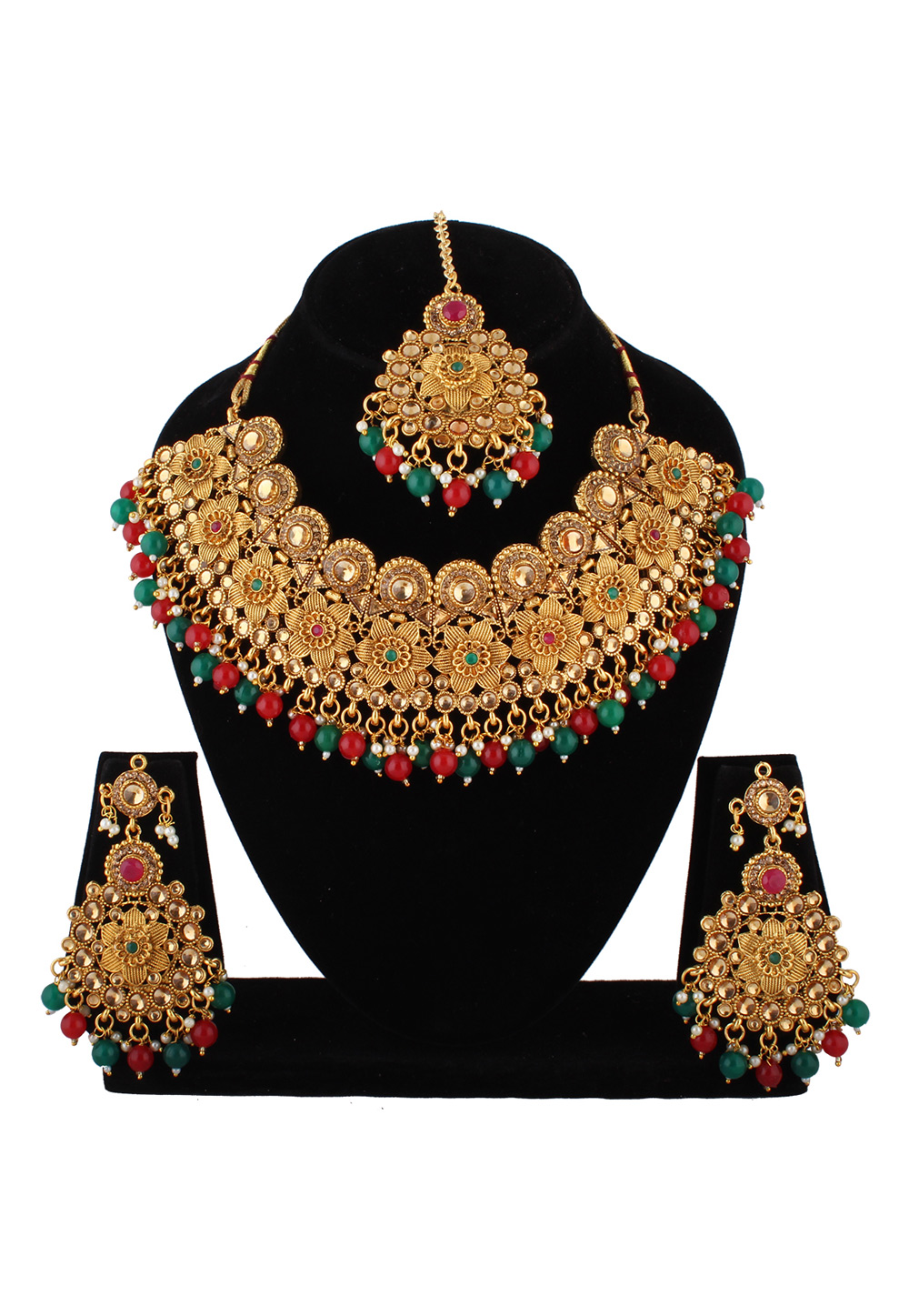 Green Alloy Austrian Diamond Necklace Set With Earrings and Maang Tikka 223791