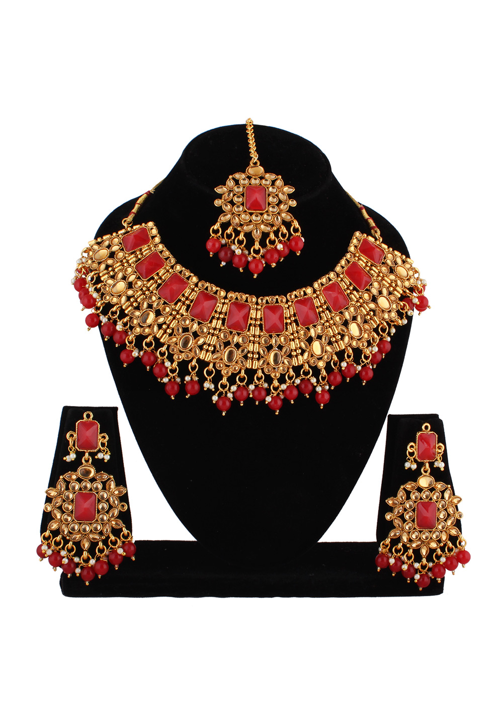 Red Alloy Austrian Diamond Necklace Set With Earrings and Maang Tikka 223793