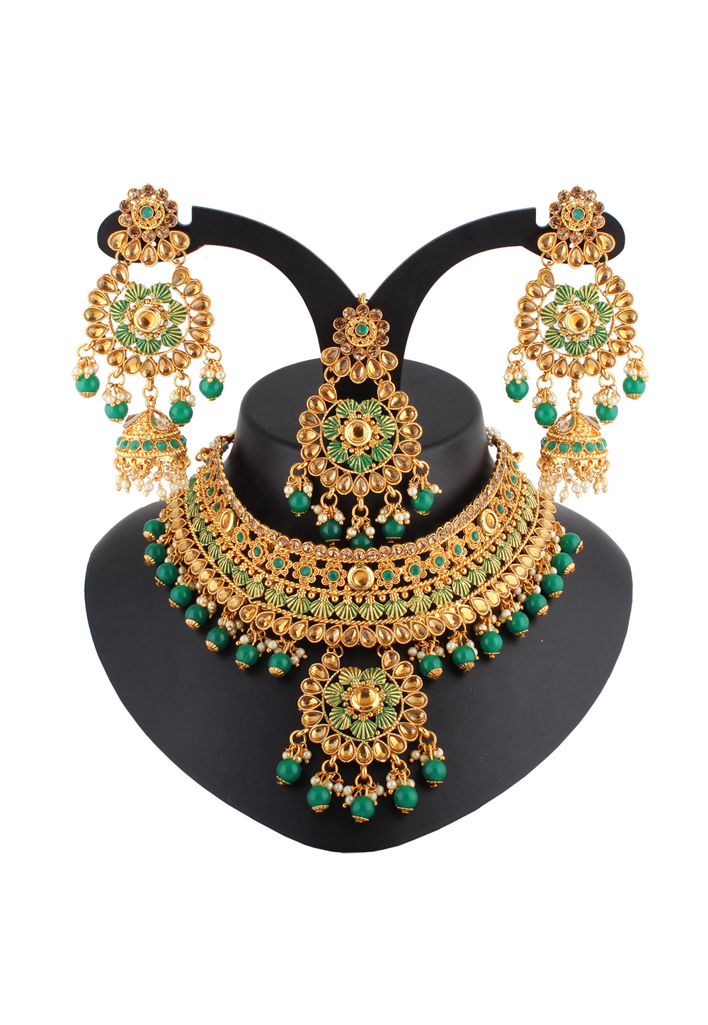 Green Alloy Austrian Diamond Necklace Set With Earrings and Maang Tikka 223794