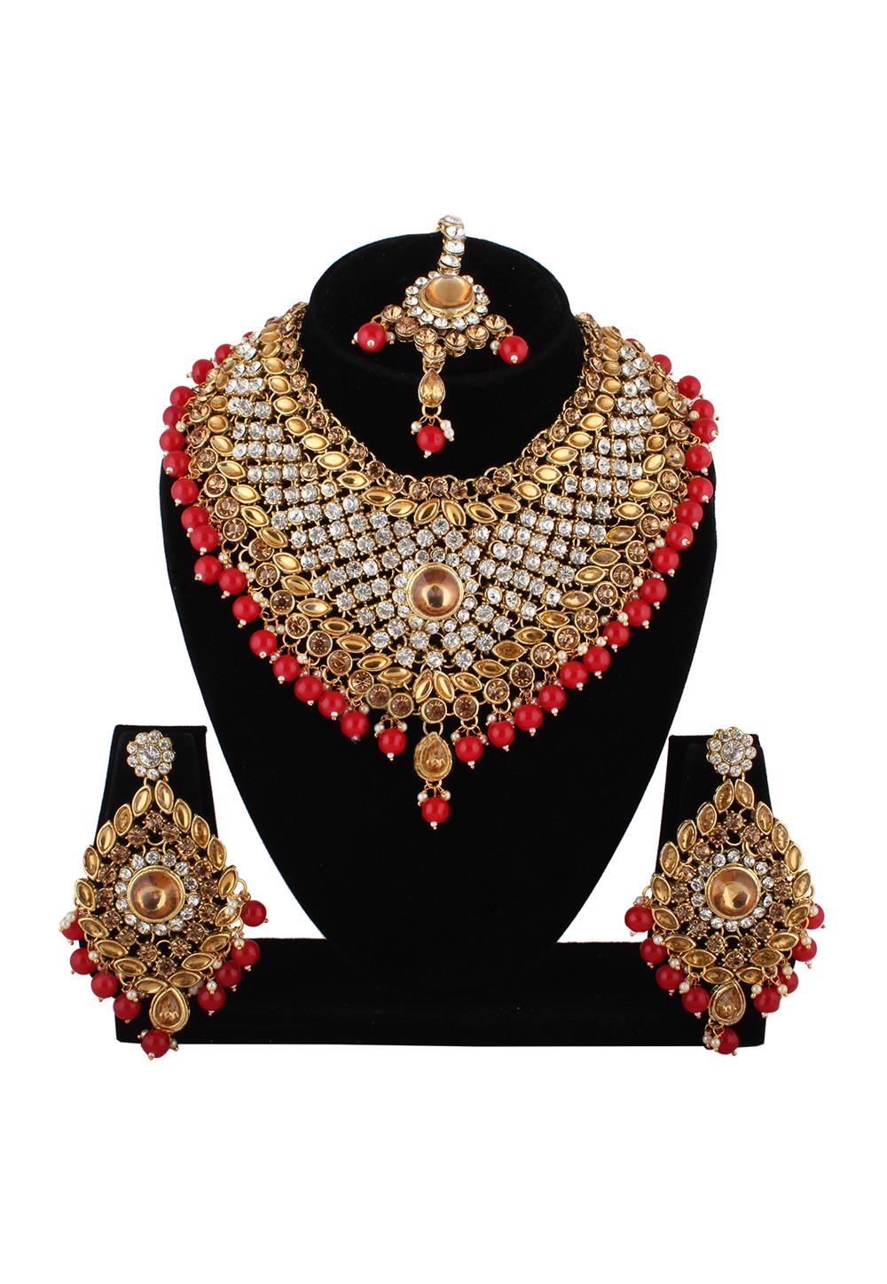 Red Alloy Austrian Diamond Necklace Set With Earrings and Maang Tikka 223796