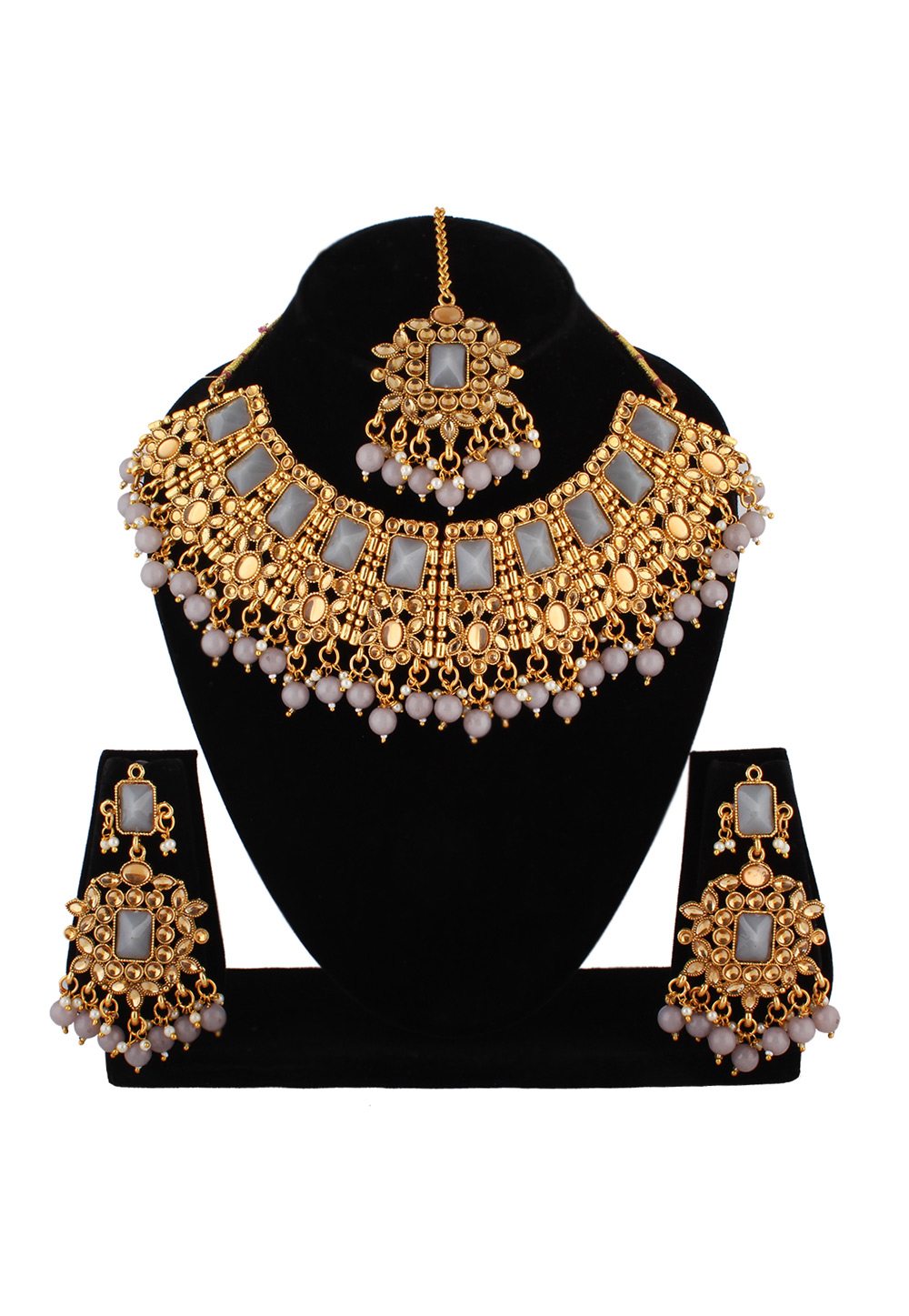 Grey Alloy Austrian Diamond Necklace Set With Earrings and Maang Tikka 223797