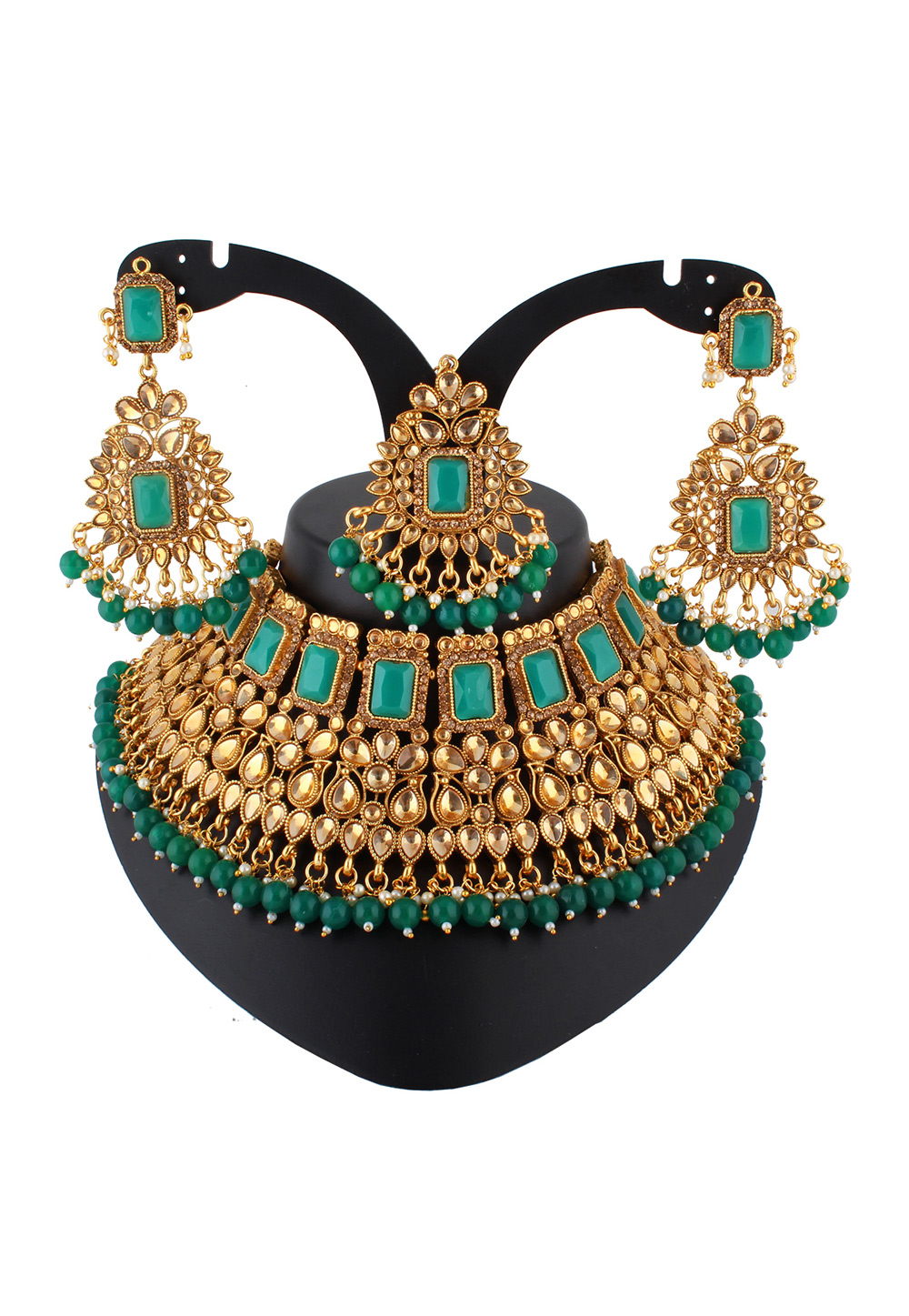 Green Alloy Austrian Diamond Necklace Set With Earrings and Maang Tikka 223798