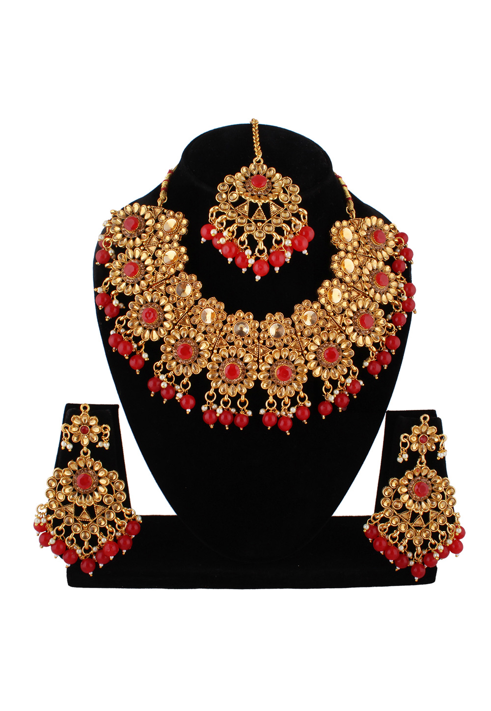 Maroon Alloy Austrian Diamond Necklace Set With Earrings and Maang Tikka 223799