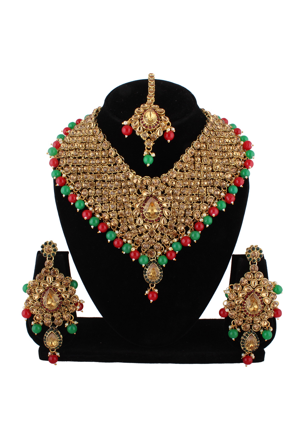 Maroon Alloy Austrian Diamond Necklace Set With Earrings and Maang Tikka 223805