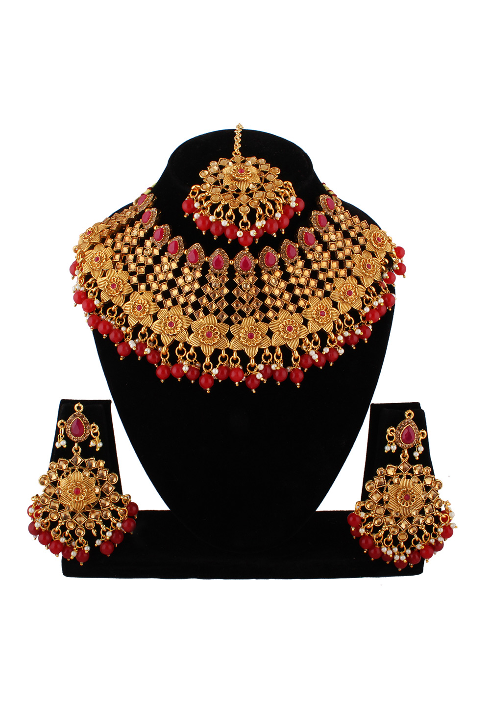 Maroon Alloy Austrian Diamond Necklace Set With Earrings and Maang Tikka 223808