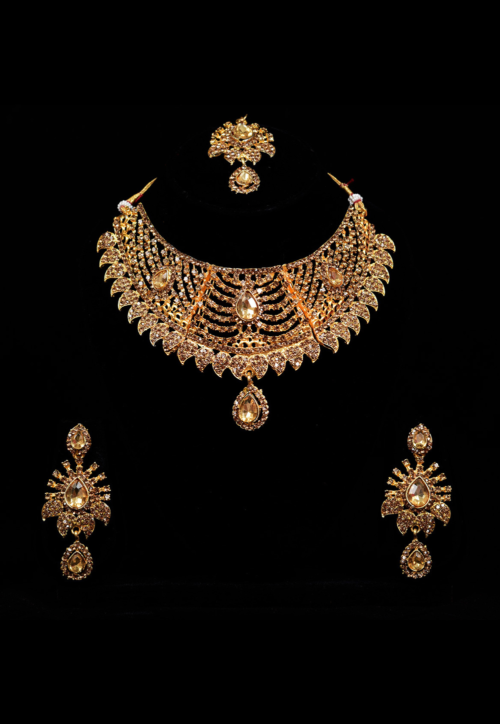 Golden Alloy Austrian Diamond Necklace Set With Earrings and Maang Tikka 247898