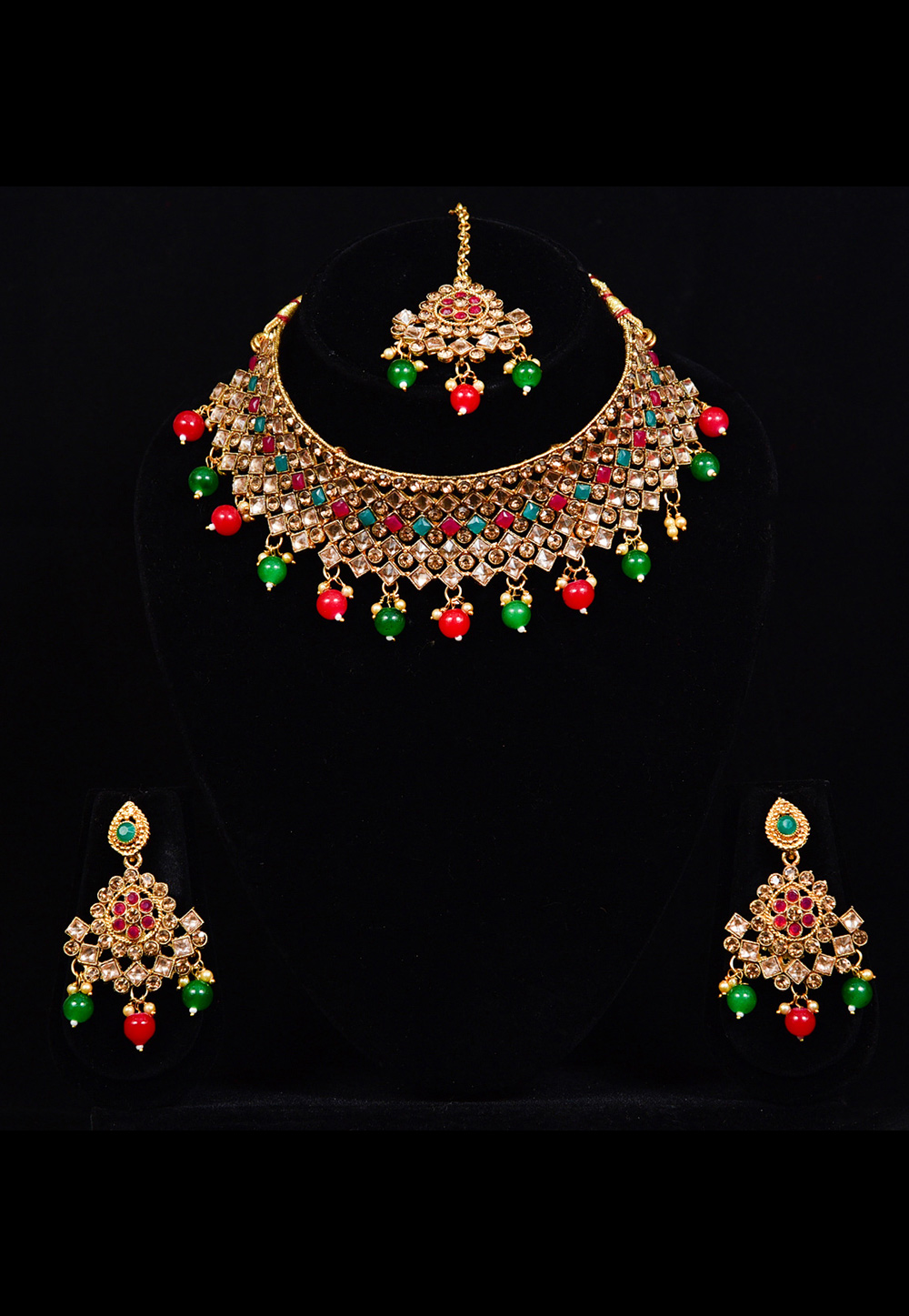 Golden Alloy Austrian Diamond Necklace Set With Earrings and Maang Tikka 247899