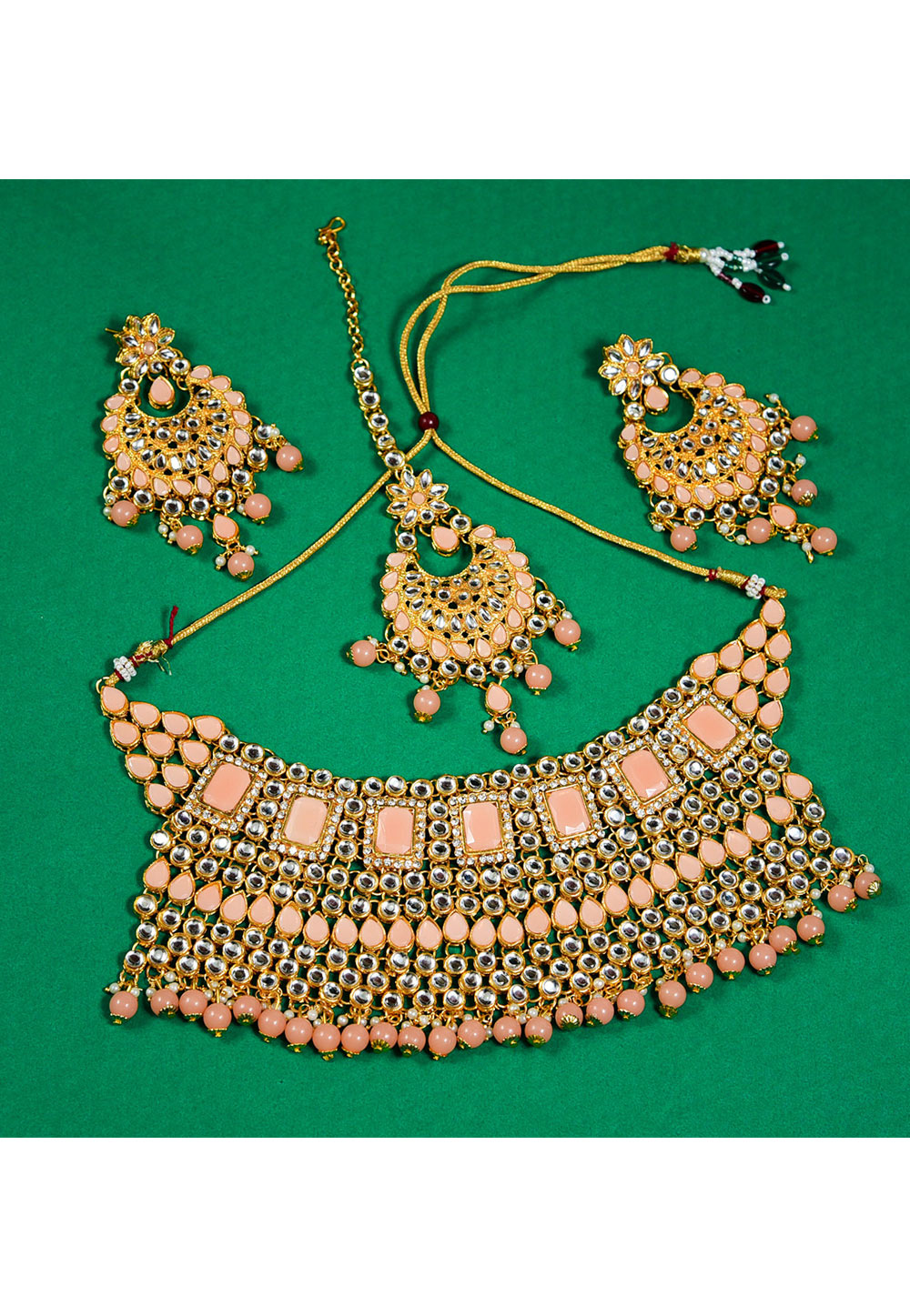 Peach Alloy Austrian Diamond Necklace Set With Earrings and Maang Tikka 247901