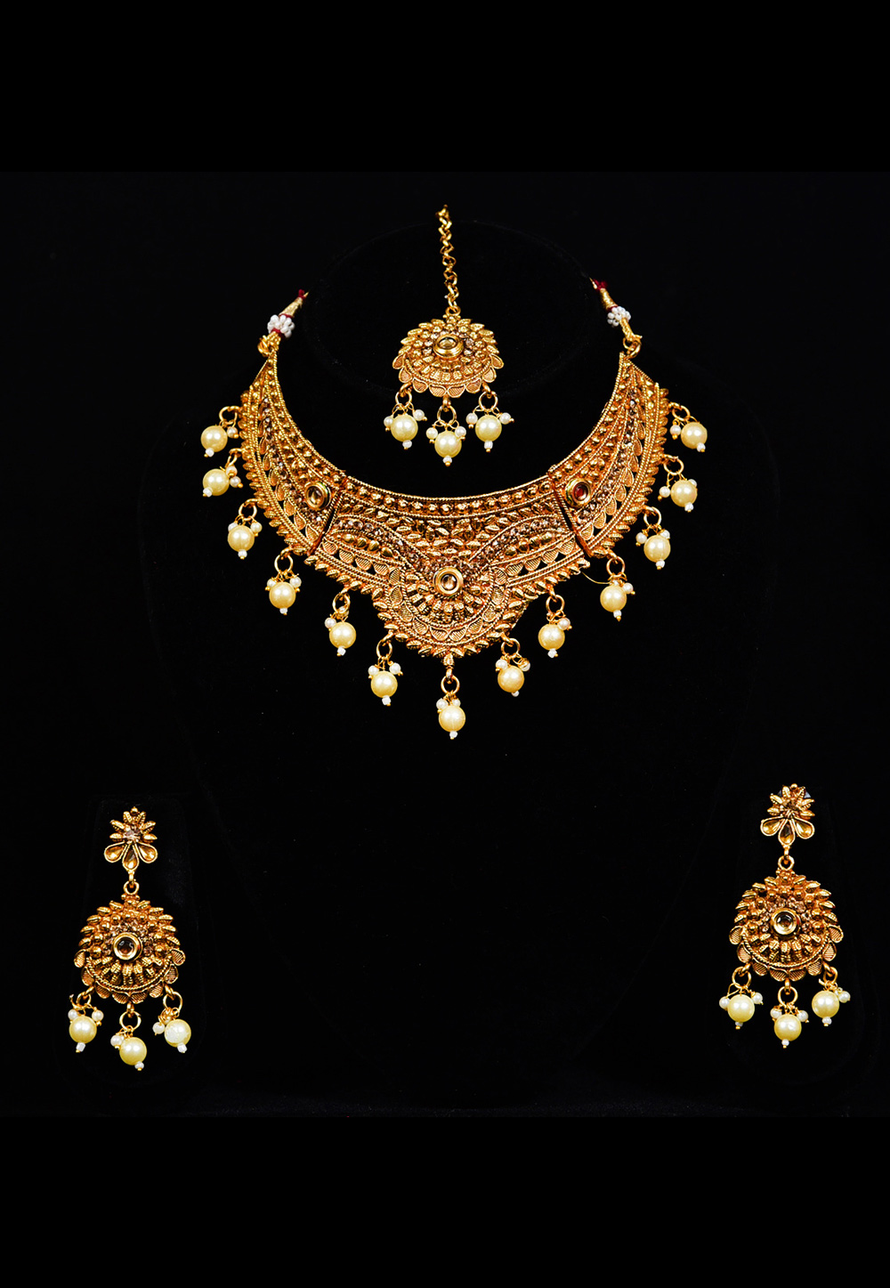Golden Alloy Austrian Diamond Necklace Set With Earrings and Maang Tikka 247903
