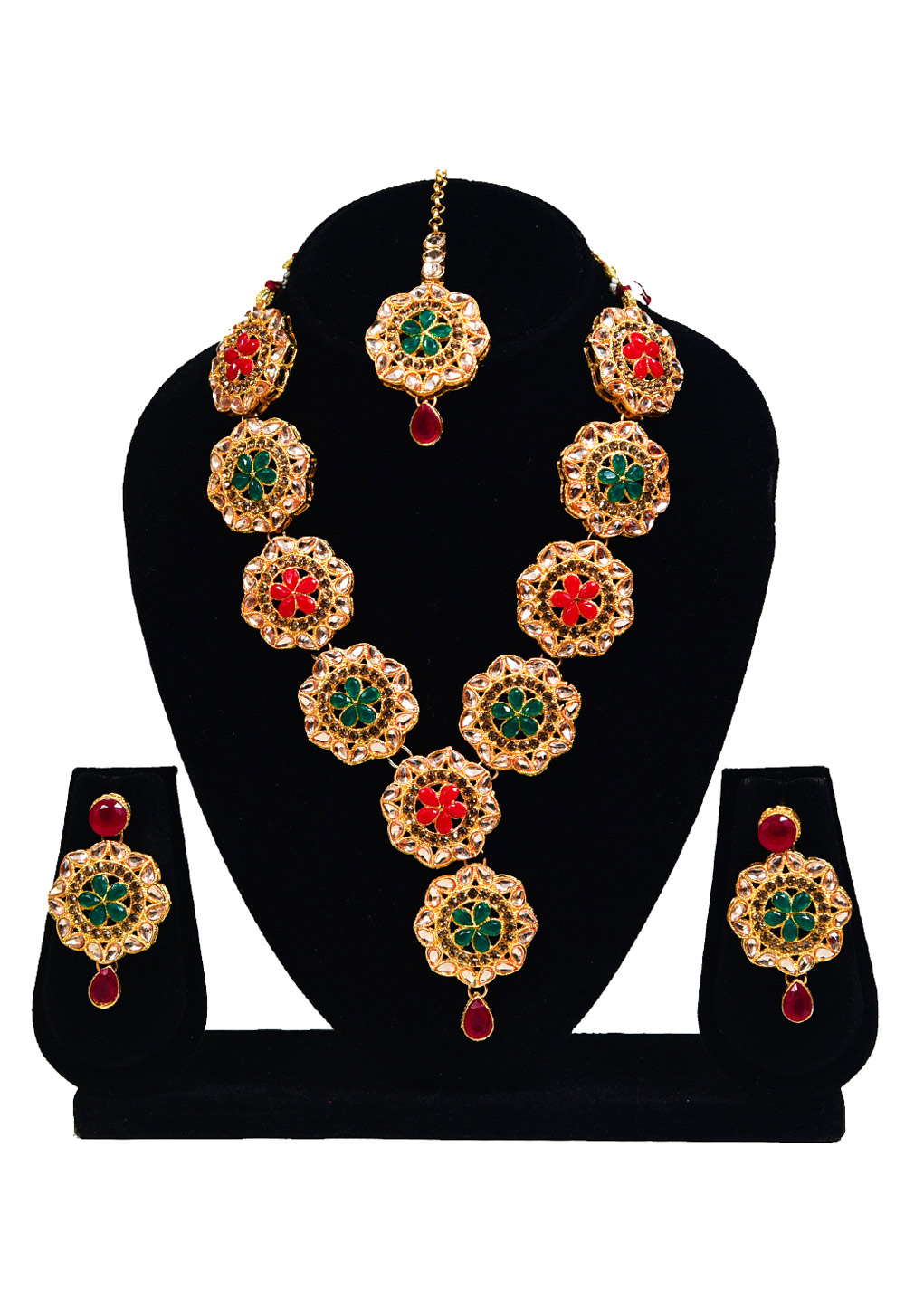 Golden Alloy Austrian Diamond Necklace Set With Earrings and Maang Tikka 247904