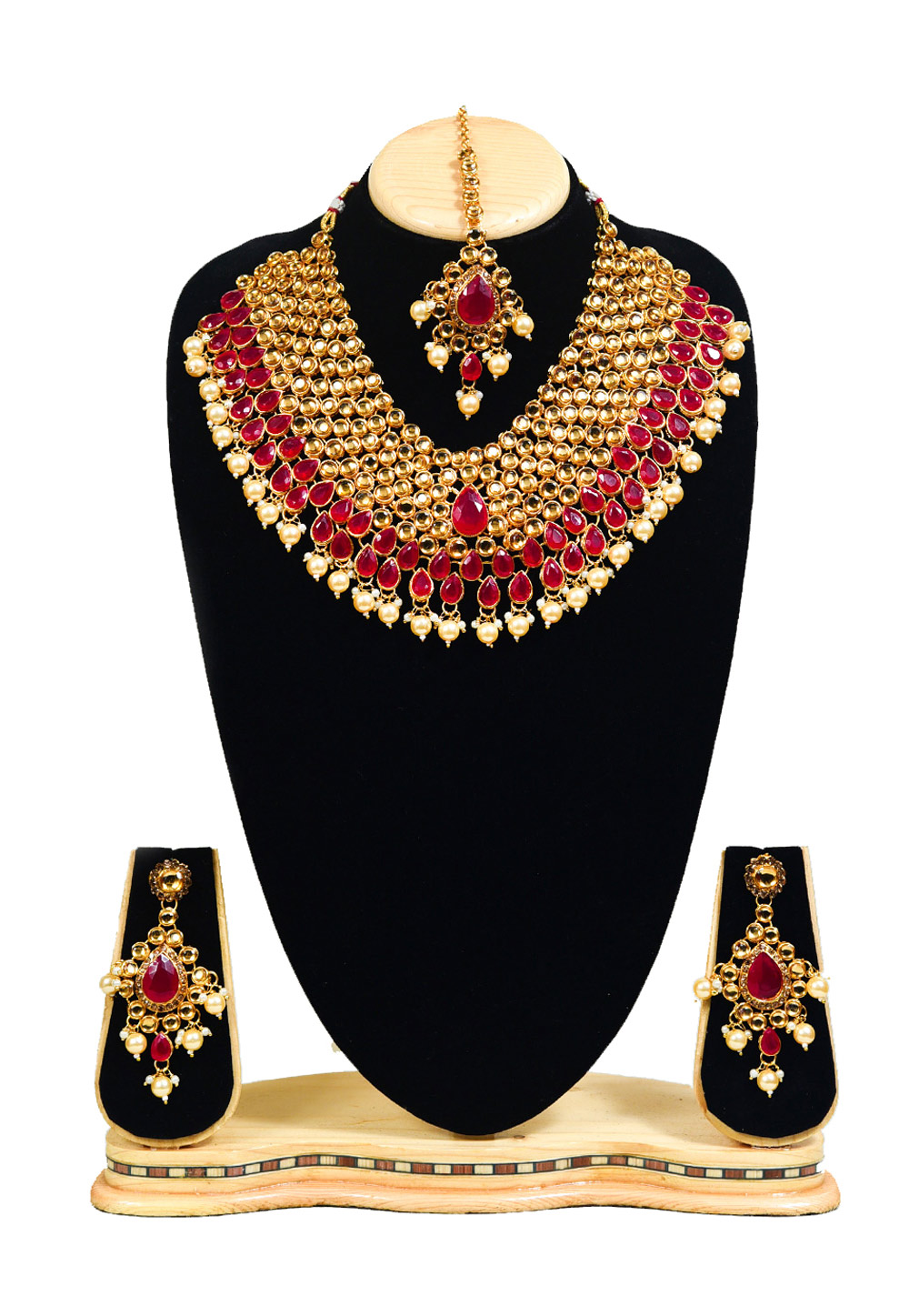 Red Alloy Austrian Diamond Necklace Set With Earrings and Maang Tikka 247905