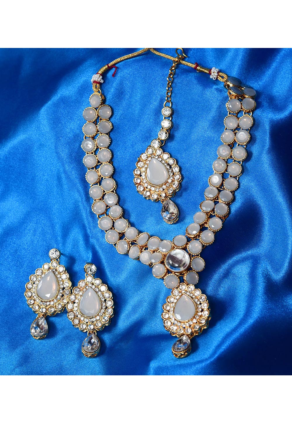 Grey Alloy Austrian Diamond Necklace Set With Earrings and Maang Tikka 247906