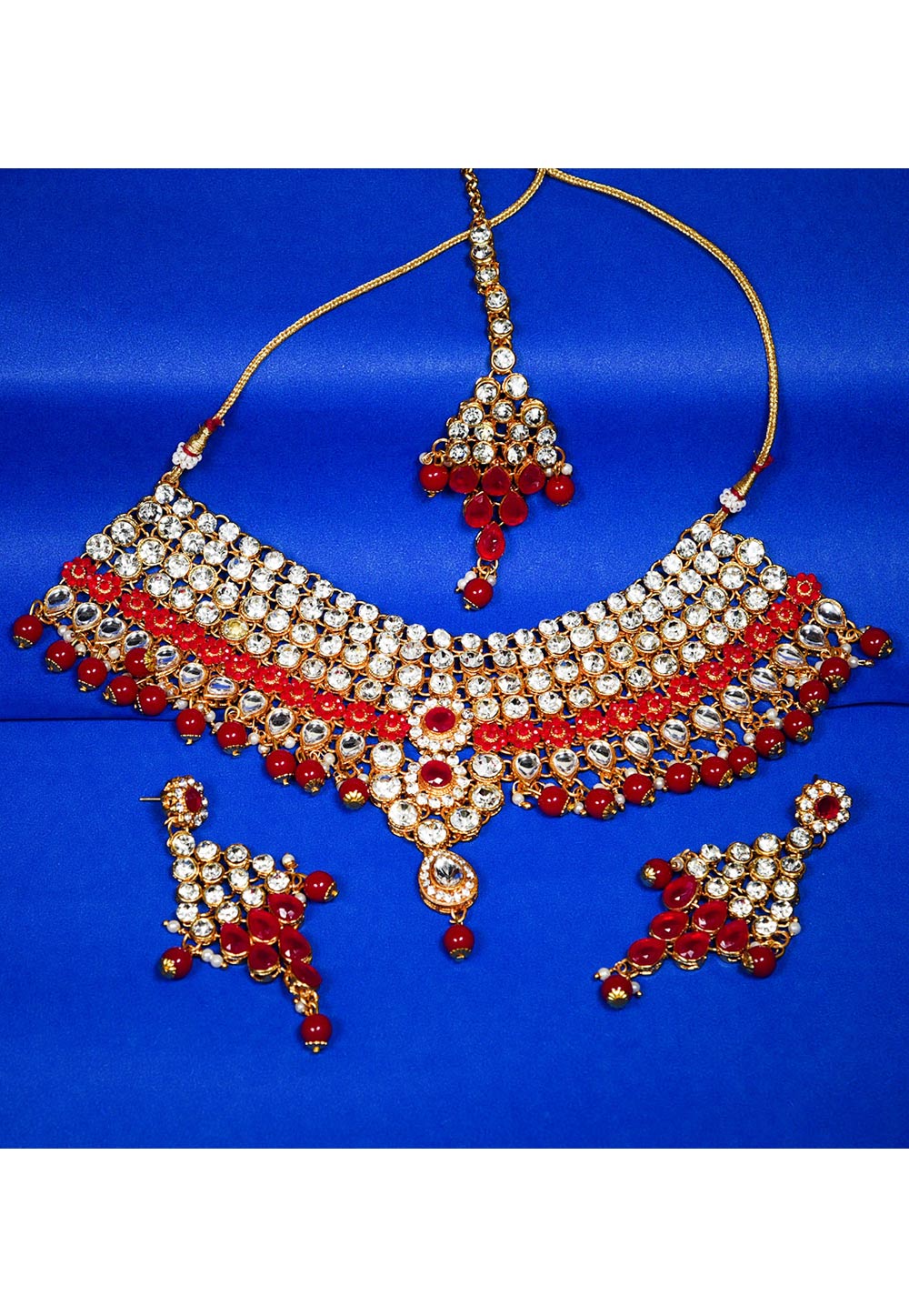 Red Alloy Austrian Diamond Necklace Set With Earrings and Maang Tikka 247908